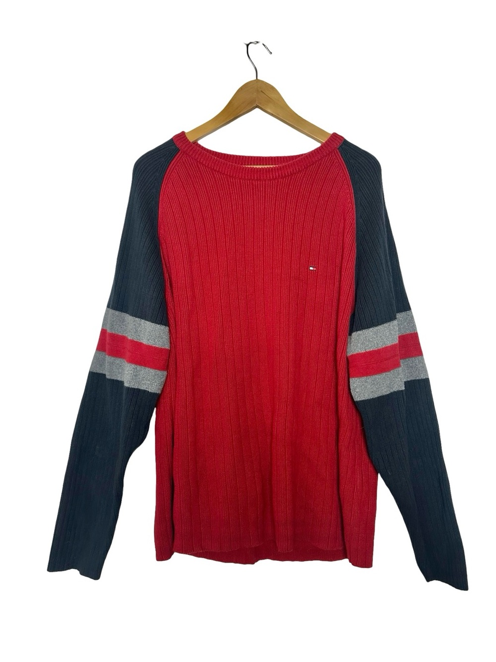 Vintage 90’s Y2K Tommy Hilfiger Red & Navy Striped Ribbed Knit Sweater XL